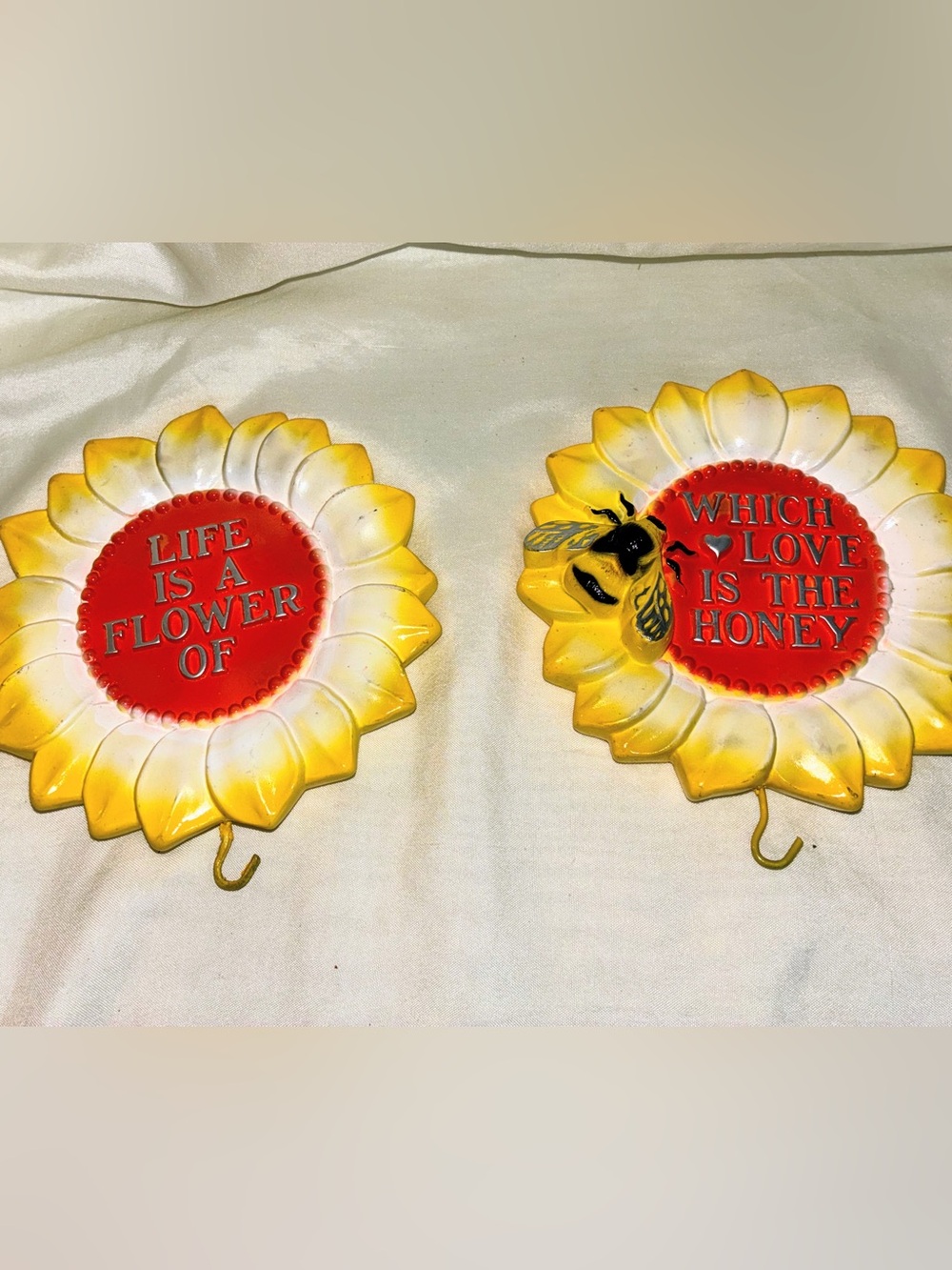 Vintage 2 Kitschy Chalkware Wall Hanging Sunflowers & Bee W/Hooks